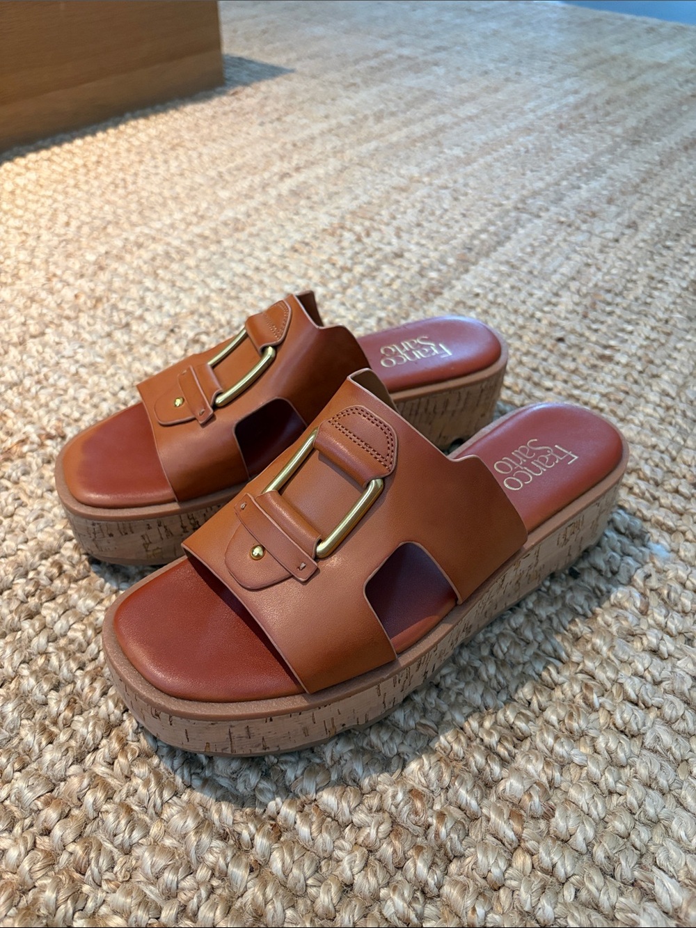 Franco Sarto Cognac Leather Cork Platform Slides with Gold Buckle